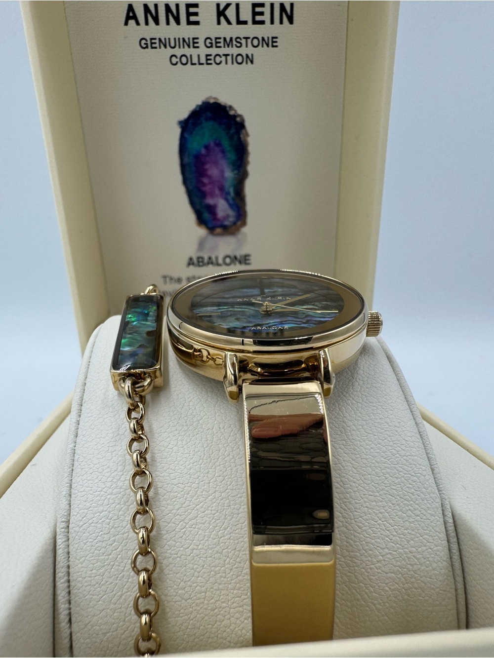 Anne Klein Gold-Tone Watch with Iridescent Abalone Dial and Bracelet Accent - Picture 3 of 9